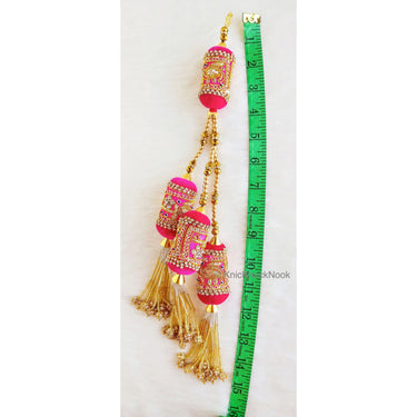 Velvet Fabric Bolster Tassels In Antique Gold Zardozi Embroidery, Rhinestones & Pearls, Indian Embellishment